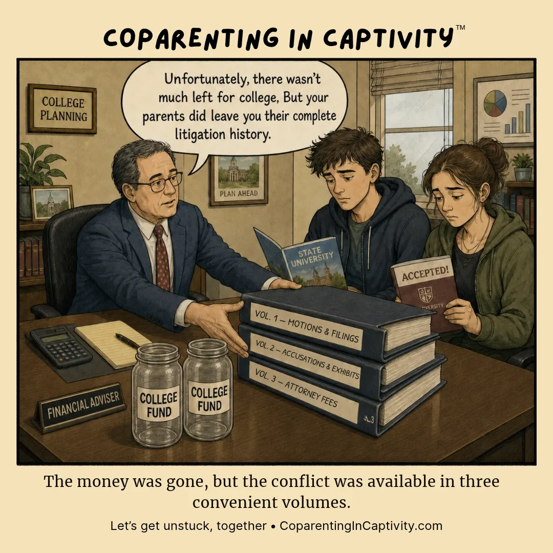 Coparenting in Captivity comic #106: A college planning meeting is framed by legal paperwork and financial strain while a counselor delivers a bleak family-history comment to two teens.