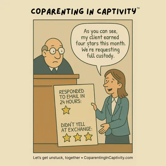 Coparenting in Captivity comic #11: "As you can see, Your Honor, my client earned FOUR stars this month."