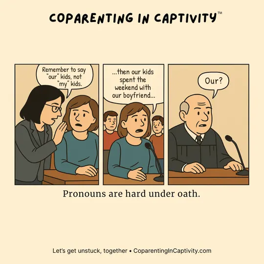 Coparenting in Captivity comic #14: Pronouns are hard under oath.