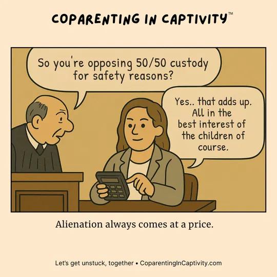 Coparenting in Captivity comic #15: "So you're opposing 50/50 custody… for safety reasons?" (dad’s point of view)