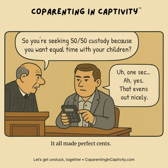 Coparenting in Captivity comic #15: "So you're seeking 50/50 custody because you want equal time with your children?" (mom’s point of view)