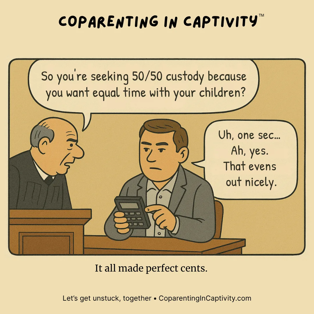 Coparenting in Captivity comic #15: "So you're seeking 50/50 custody because you want equal time with your children?" (mom’s point of view)