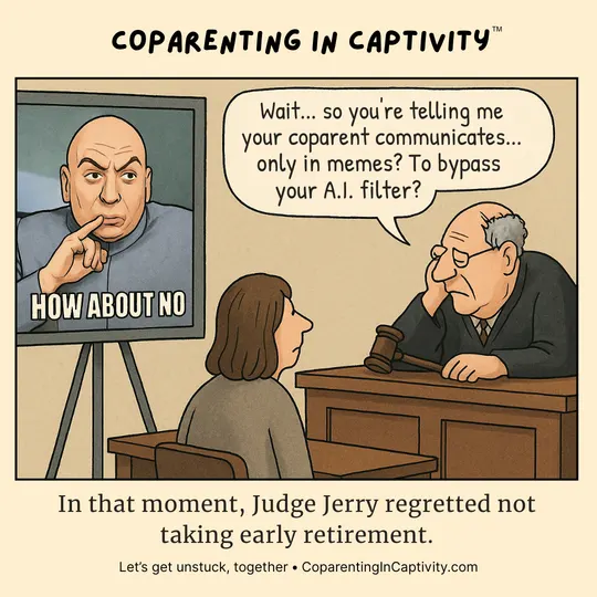 Coparenting in Captivity comic #17: "So you're telling me your coparent communicates… only in memes? To bypass your A.I. filter?" (mom’s point of view)