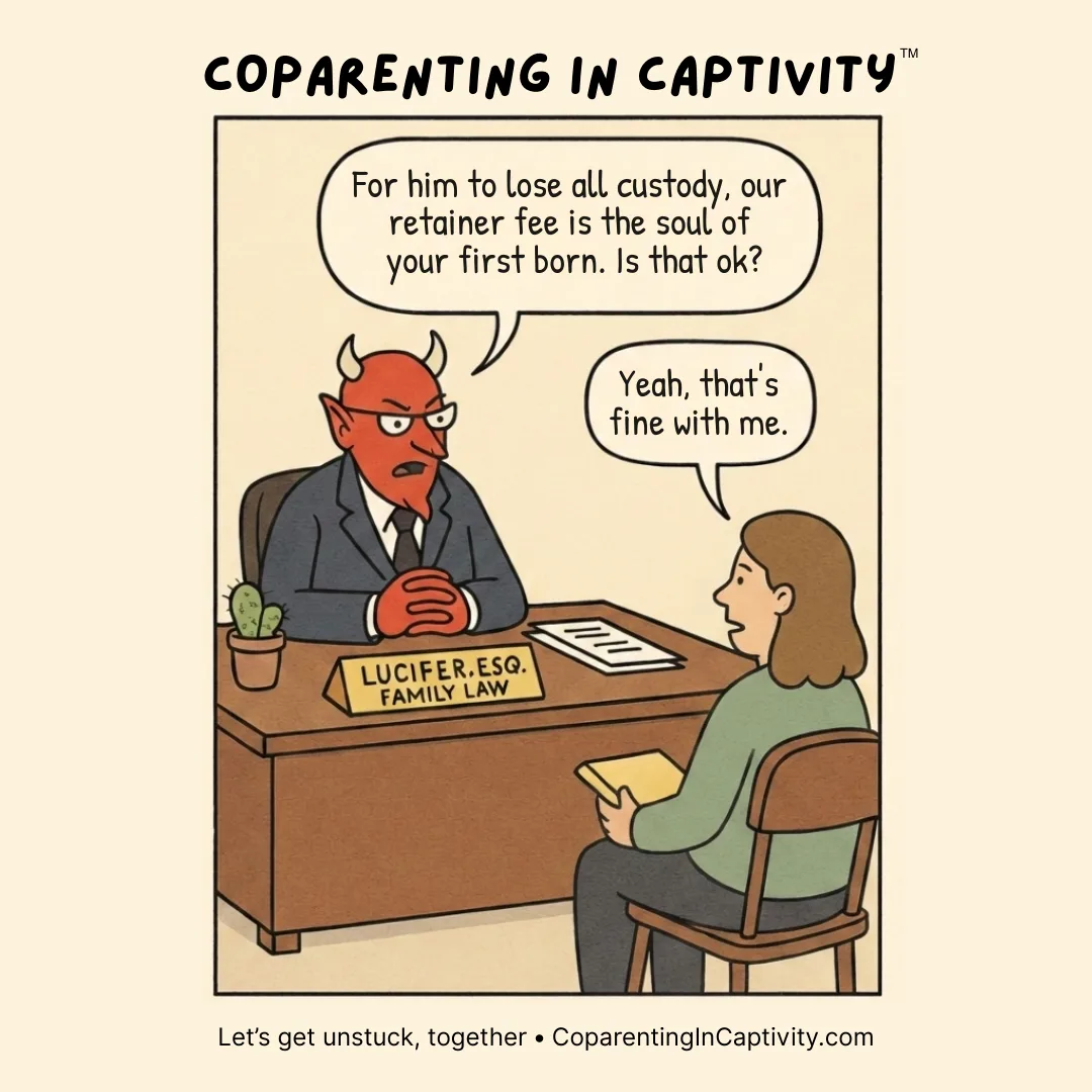 Coparenting in Captivity comic #18: Some people don't care what the retainer costs. (dad’s point of view)