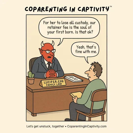 Coparenting in Captivity comic #18: Some people don't care what the retainer costs. (mom’s point of view)