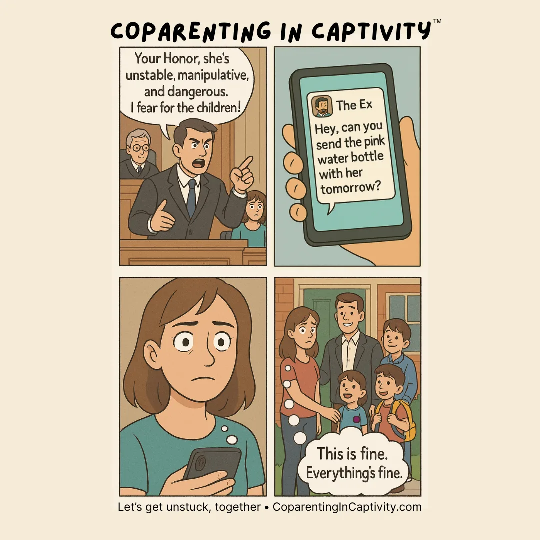 Coparenting in Captivity comic #2: Court is basically theater. And then reality checks in. (mom’s point of view)