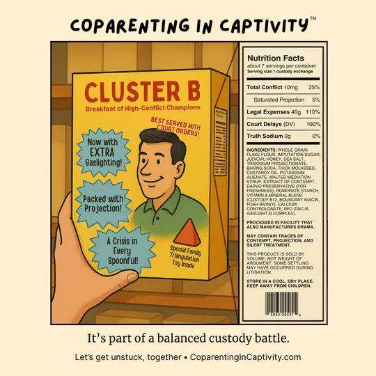Coparenting in Captivity comic #20: Cluster B: Breakfast of High-Conflict Champions. (mom’s point of view)