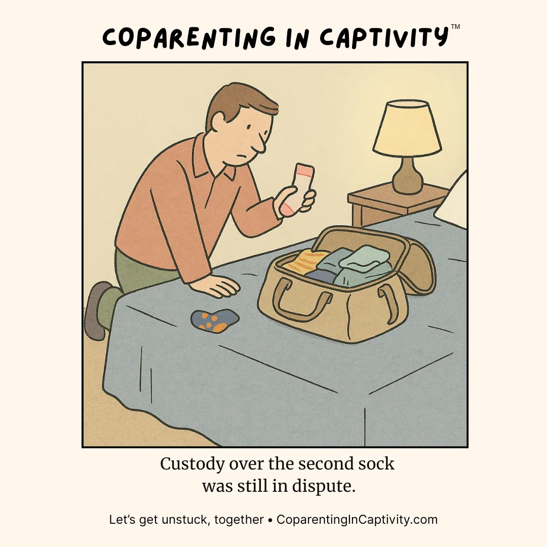 Coparenting in Captivity comic #21: Custody over the second sock was still in dispute.
