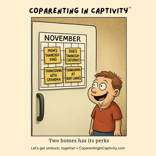 Coparenting in Captivity comic #23: Two homes has its perks.