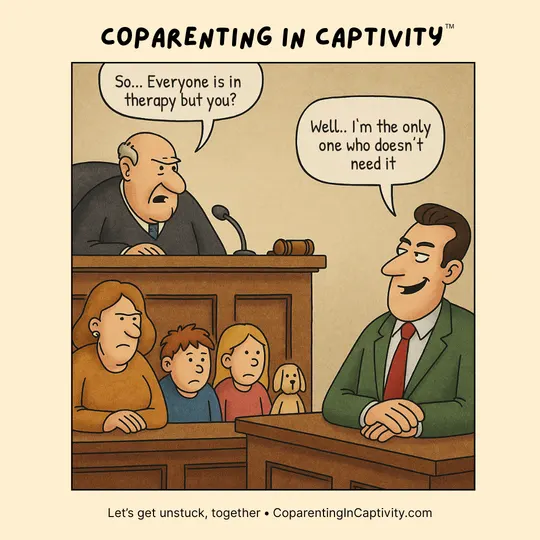 Coparenting in Captivity comic #24: "So… everyone is in therapy but you?" (mom’s point of view)