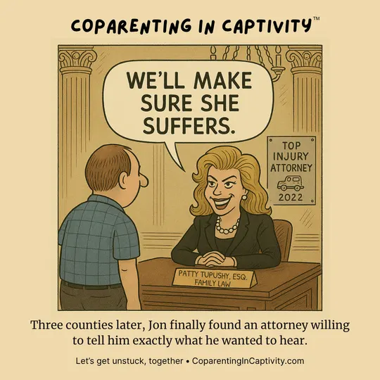 Coparenting in Captivity comic #28: Three counties later, Jon finally found an attorney willing to tell him exactly what he wanted to hear. (mom’s point of view)