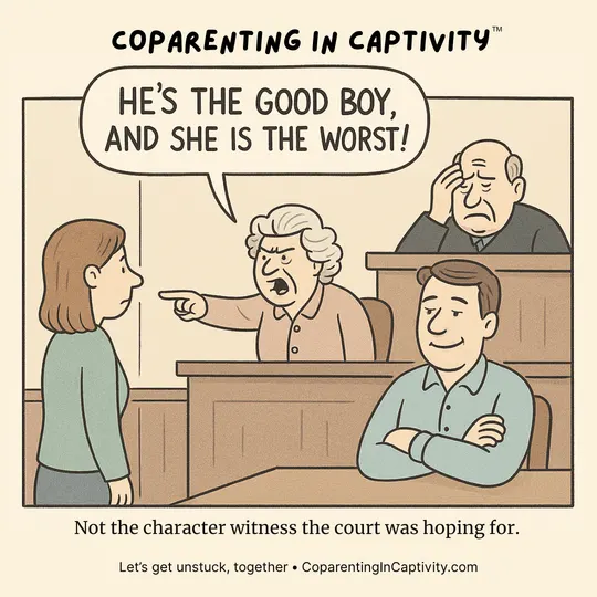 Coparenting in Captivity comic #29: Not the character witness the court was hoping for. (mom’s point of view)