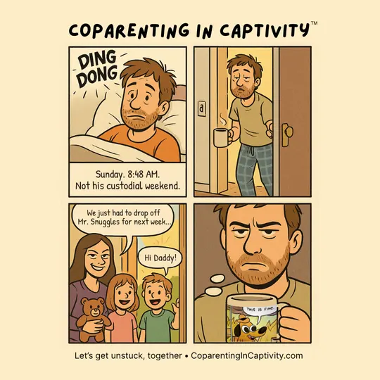 Coparenting in Captivity comic #3: Sunday 8:48 AM. Not his custodial weekend. (dad’s point of view)