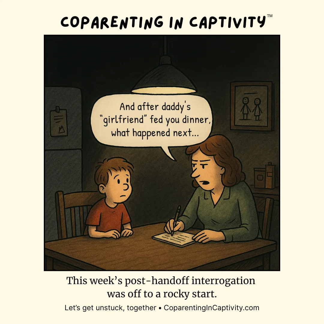 Coparenting in Captivity comic #30: This week's post-handoff interrogation was off to a rocky start. (dad’s point of view)