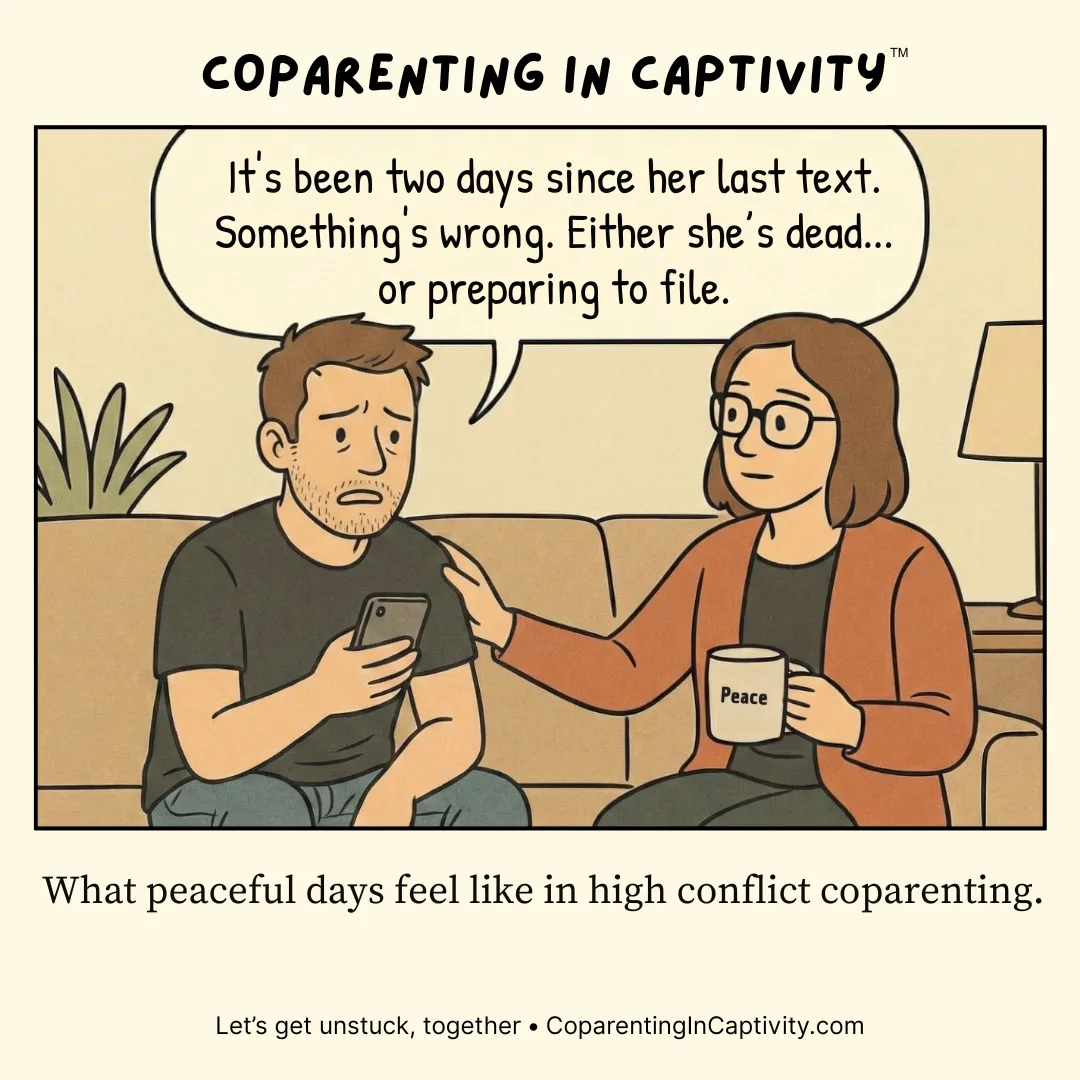 Coparenting in Captivity comic #32: A worried man checks his phone while a calm woman comforts him on a couch, highlighting tense waiting between coparents. (dad’s point of view)