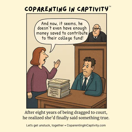 Coparenting in Captivity comic #33: When co-parenting gets stretched through years of conflict, even a small moment of truth can feel bigger than the words themselves. (dad’s point of view)