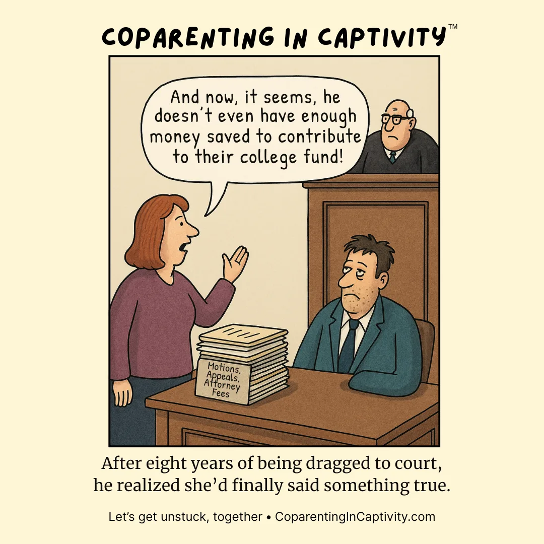 Coparenting in Captivity comic #33: A courtroom scene shows one parent speaking about financial strain while a judge and the other parent look on, with a stack of legal filings on the table. (dad’s point of view)