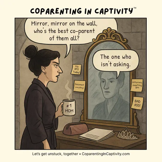 Coparenting in Captivity comic #35: "Mirror, mirror on the wall — who's the best co-parent of them all?" (dad’s point of view)