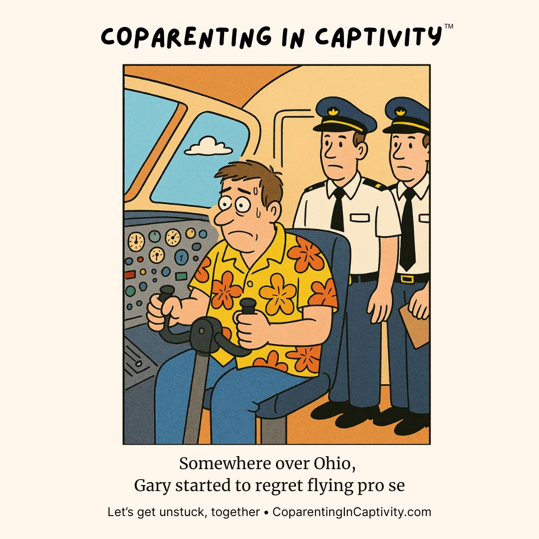 Coparenting in Captivity comic #36: Somewhere over Ohio, Gary started to regret flying pro se.
