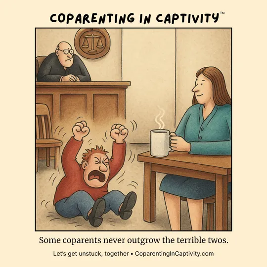 Coparenting in Captivity comic #38: Some coparents never outgrow the terrible twos. (mom’s point of view)