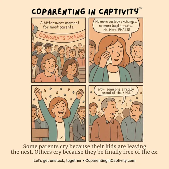 Coparenting in Captivity comic #39: A bittersweet moment for most parents. For others? Pure relief. (mom’s point of view)