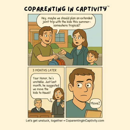 Coparenting in Captivity comic #4: A friendly suggestion, filed as Exhibit B. (dad’s point of view)