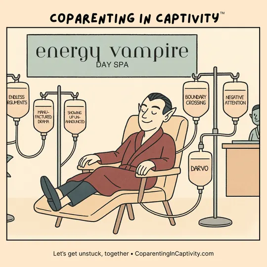 Coparenting in Captivity comic #41: The Energy Vampire Day Spa. (mom’s point of view)