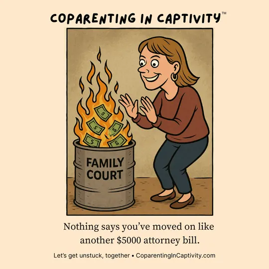 Coparenting in Captivity comic #43: Nothing says "I've moved on" like another $5,000 attorney bill. (dad’s point of view)