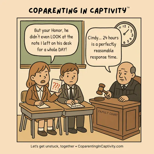 Coparenting in Captivity comic #45: "But your Honor, he didn't even LOOK at the note I left on his desk for a WHOLE DAY!" (dad’s point of view)