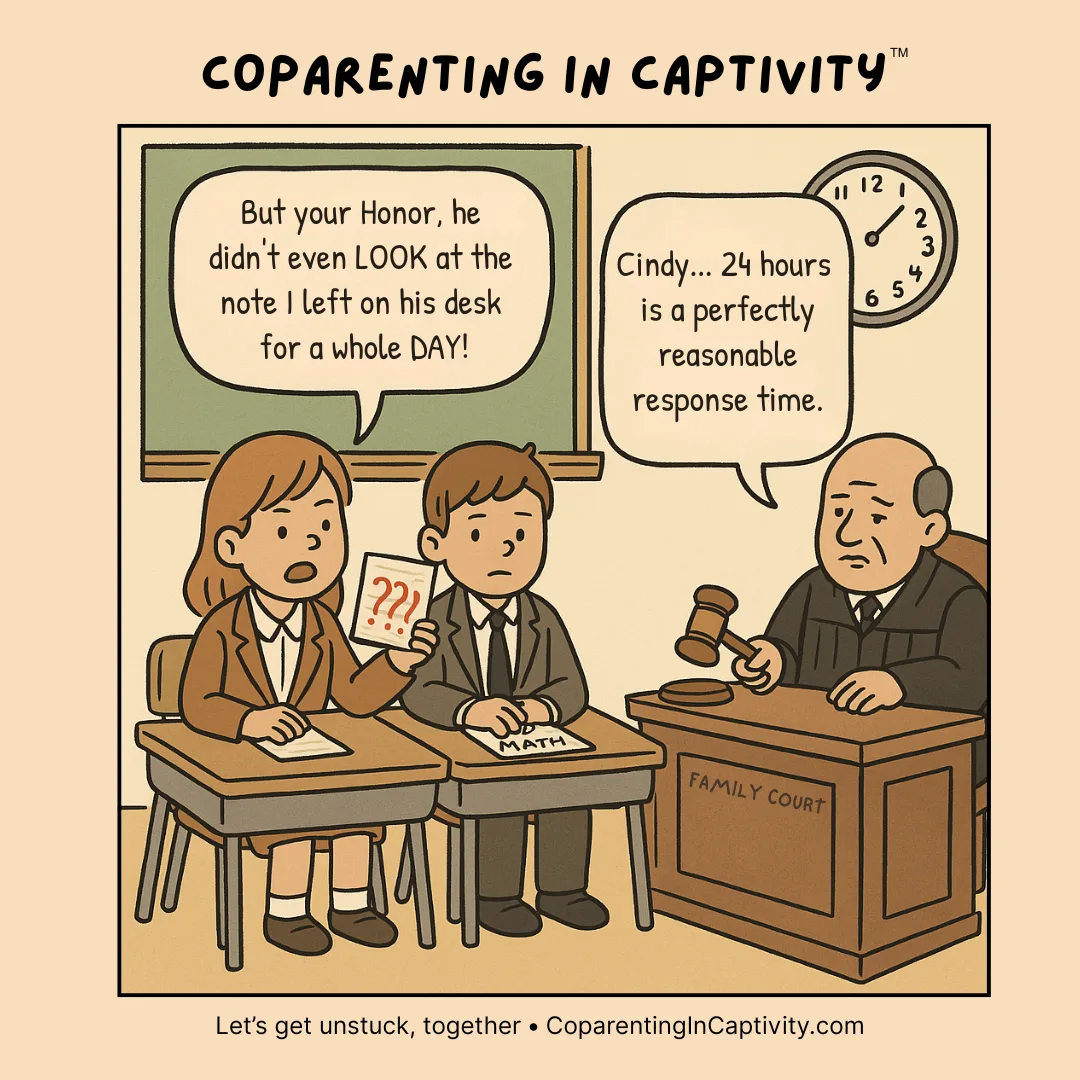 Coparenting in Captivity comic #45: "But your Honor, he didn't even LOOK at the note I left on his desk for a WHOLE DAY!" (dad’s point of view)