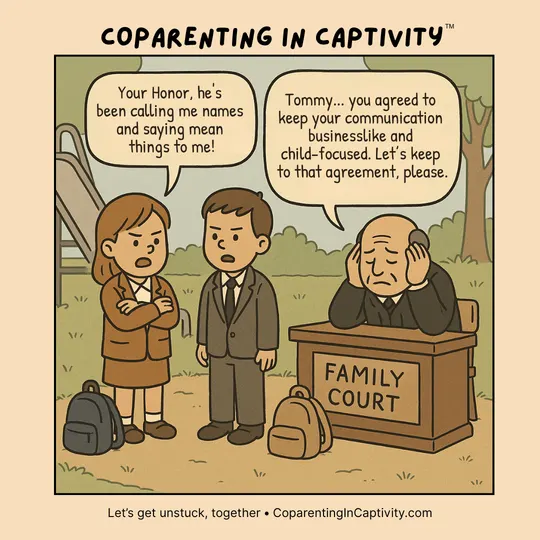 Coparenting in Captivity comic #46: "Your Honor, he's been calling me names and saying mean things to me!" (mom’s point of view)