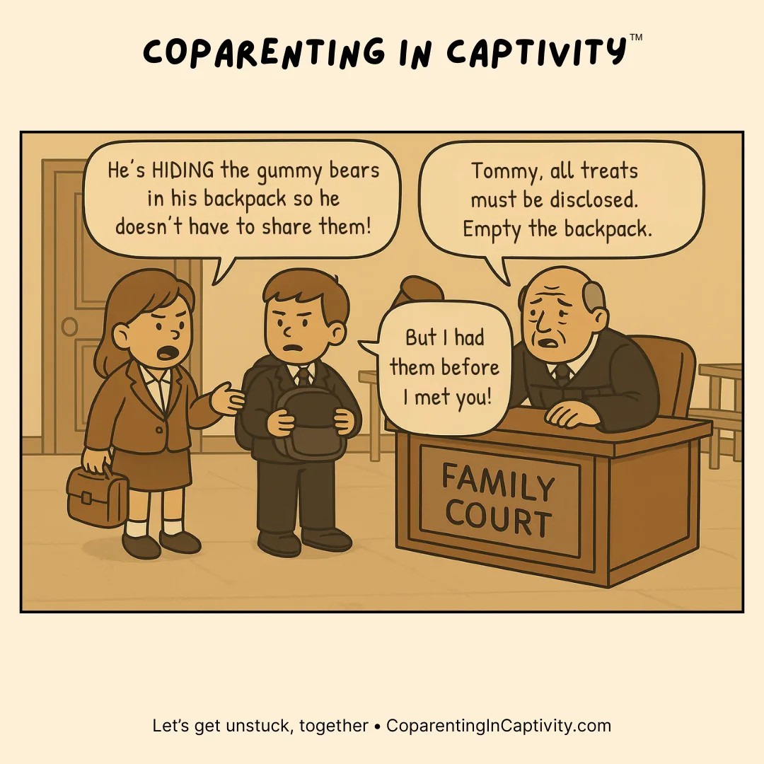 Coparenting in Captivity comic #50: Two coparents are drawn as children arguing over gummy bears while a family-court judge treats their playground-style dispute as an adult legal matter. (mom’s point of view)