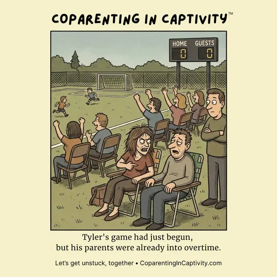 Coparenting in Captivity comic #54: Tyler's game had just begun. His parents had never missed a game.