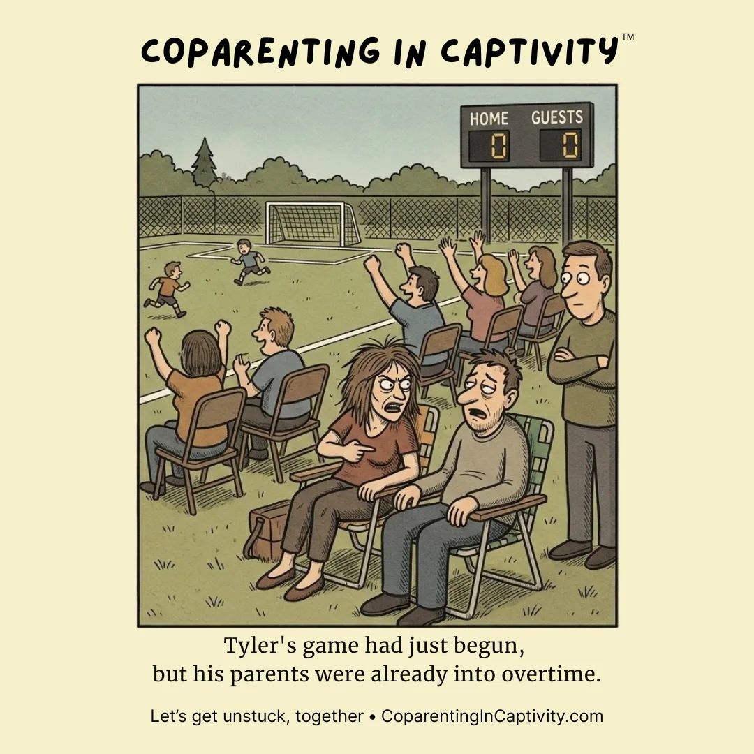 Coparenting in Captivity comic #54: Tyler's game had just begun. His parents had never missed a game.