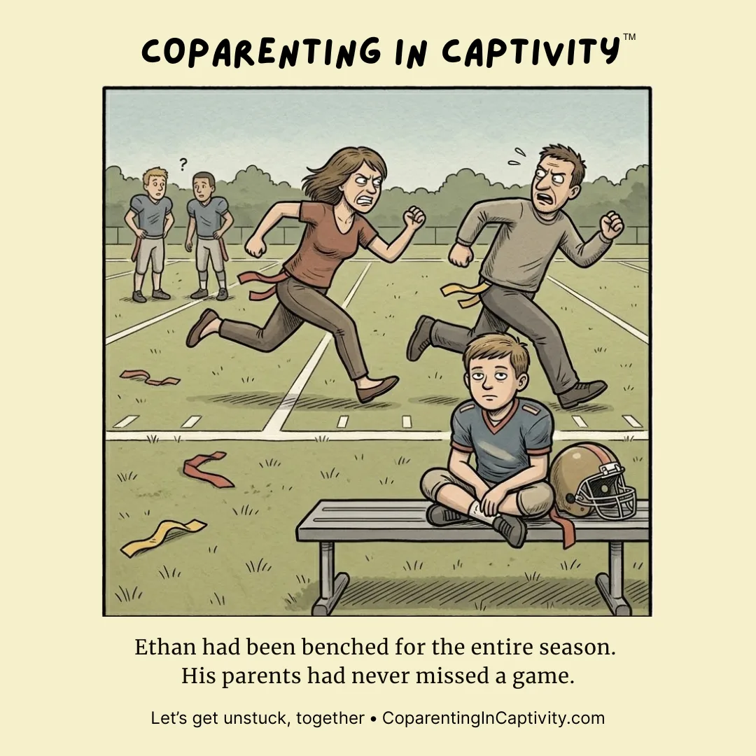Coparenting in Captivity comic #55: A youth football player sits on the bench while his parents sprint past him in opposite directions during a game.