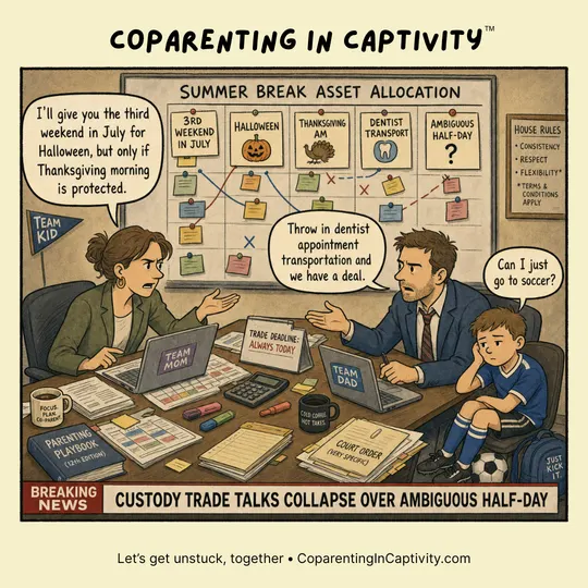 Coparenting in Captivity comic #56: BREAKING: Custody Trade Talks Collapse Over Ambiguous Half-Day.