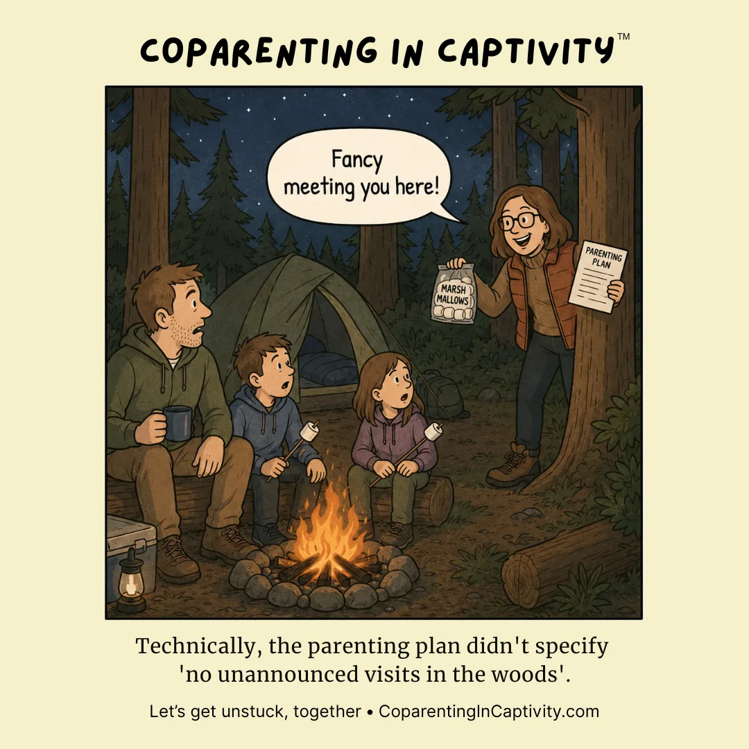 Coparenting in Captivity comic #59: "Fancy meeting you here!" (dad’s point of view)