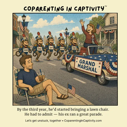 Coparenting in Captivity comic #64: By the third year, they'd started bringing a lawn chair. (dad’s point of view)