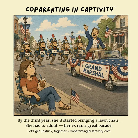 Coparenting in Captivity comic #64: By the third year, they'd started bringing a lawn chair. (mom’s point of view)