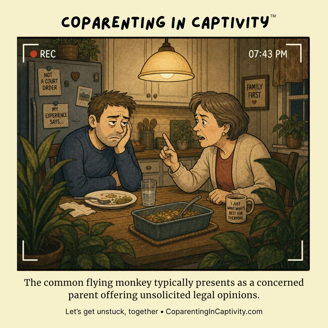 Coparenting in Captivity comic #65: The common flying monkey typically presents as a concerned parent offering unsolicited legal opinions. (dad’s point of view)