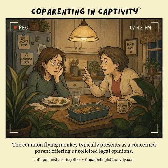 Coparenting in Captivity comic #65: The common flying monkey typically presents as a concerned parent offering unsolicited legal opinions. (mom’s point of view)
