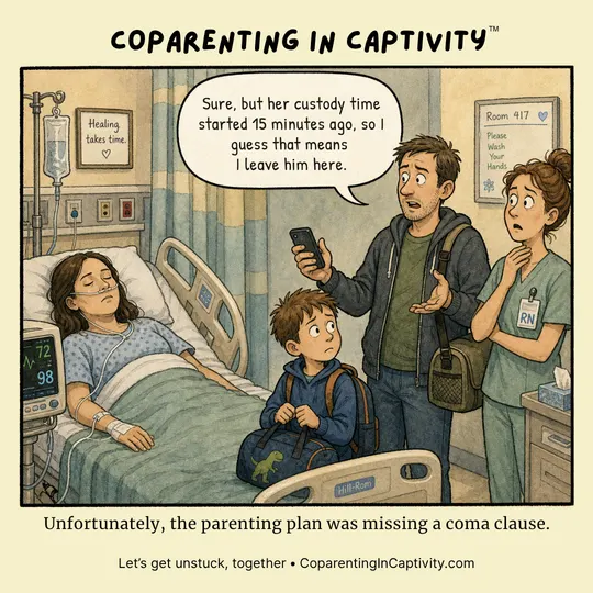 Coparenting in Captivity comic #66: A hospitalized mother, a father with two children, and a nurse stand in a hospital room during a tense custody-time misunderstanding. (mom’s point of view)