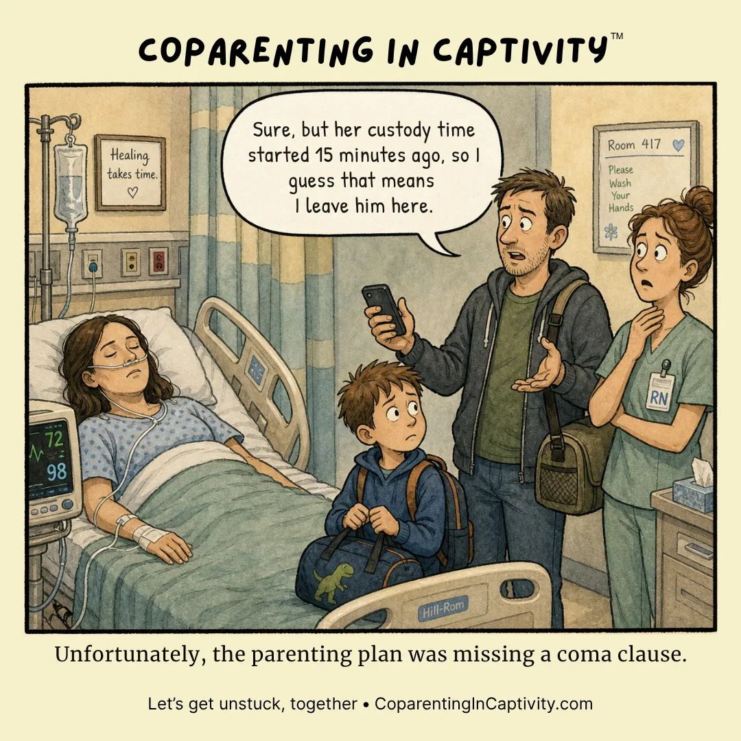 Coparenting in Captivity comic #66: A hospitalized mother, a father with two children, and a nurse stand in a hospital room during a tense custody-time misunderstanding. (mom’s point of view)