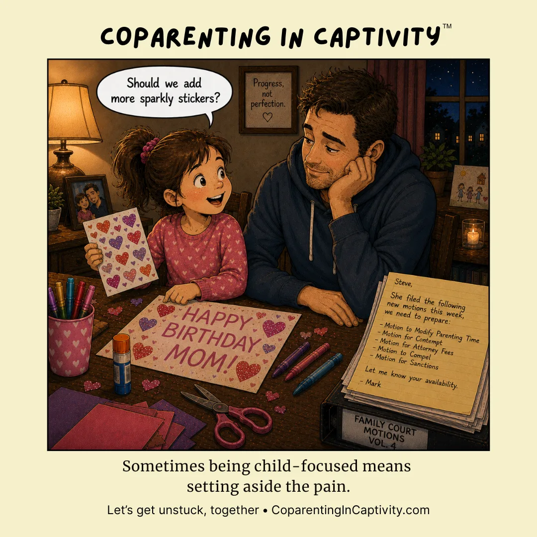 Coparenting in Captivity comic #67: A child and a parent sit together making a birthday card while legal paperwork is piled nearby and the parent looks weary but engaged. (dad’s point of view)