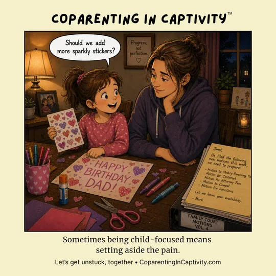 Coparenting in Captivity comic #67: A child and a parent share a craft-filled birthday moment while legal paperwork sits nearby, highlighting competing emotional and practical realities. (mom’s point of view)