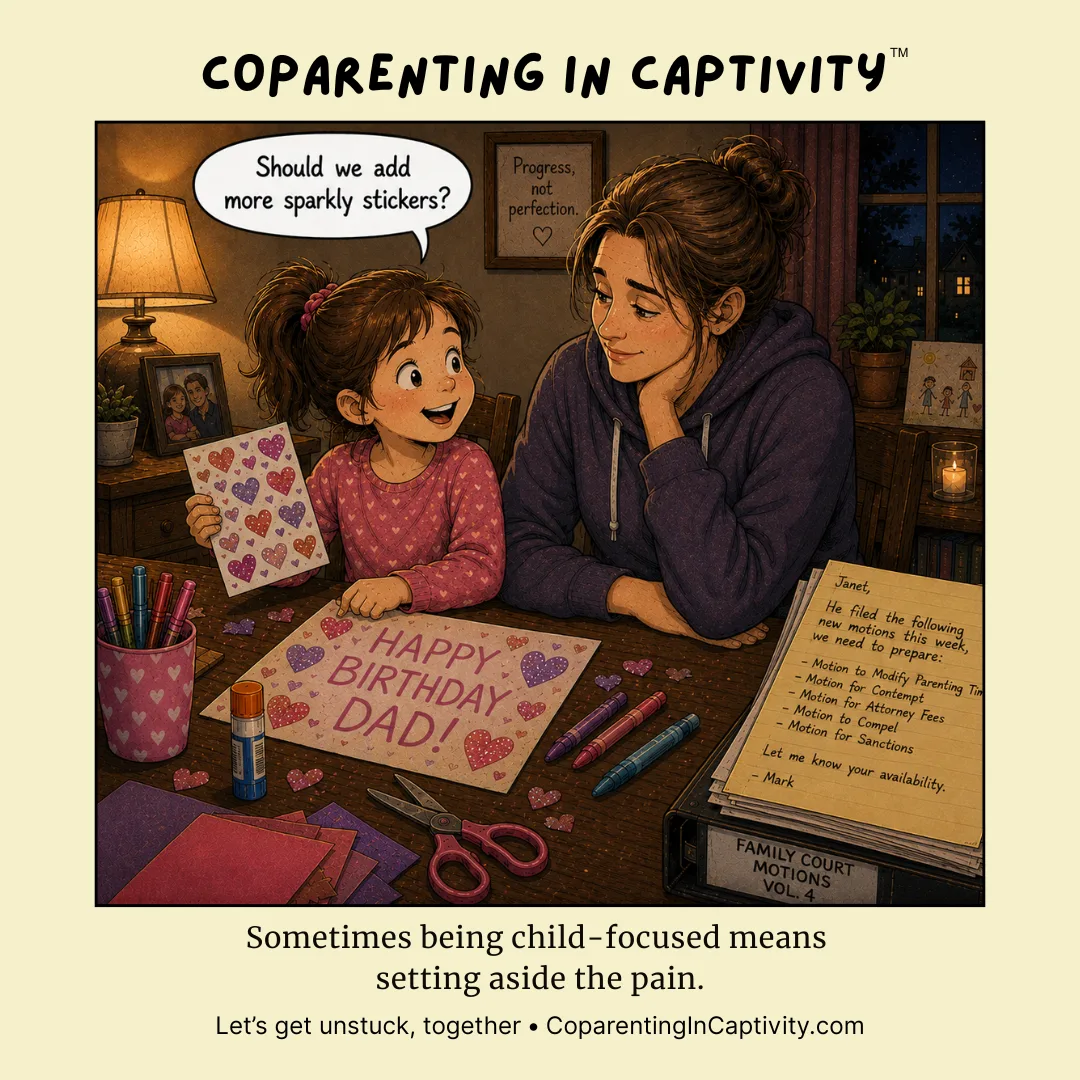 Coparenting in Captivity comic #67: A child and a parent share a craft-filled birthday moment while legal paperwork sits nearby, highlighting competing emotional and practical realities. (mom’s point of view)