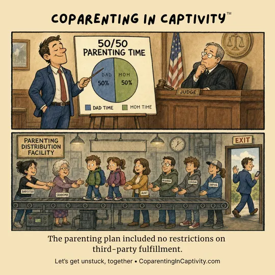 Coparenting in Captivity comic #68: In a court setting, a 50/50 parenting plan is followed by a conveyor-belt style handoff line involving multiple helpers and relatives. (mom’s point of view)