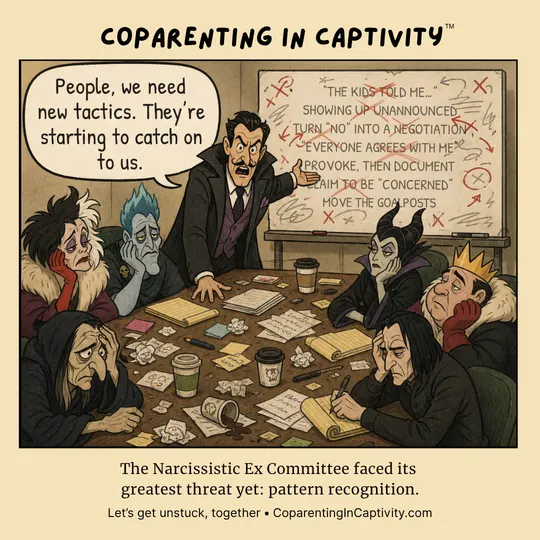 Coparenting in Captivity comic #69: A weary group sits in a tense strategy meeting while a leader warns they need new tactics because people are catching on to them.