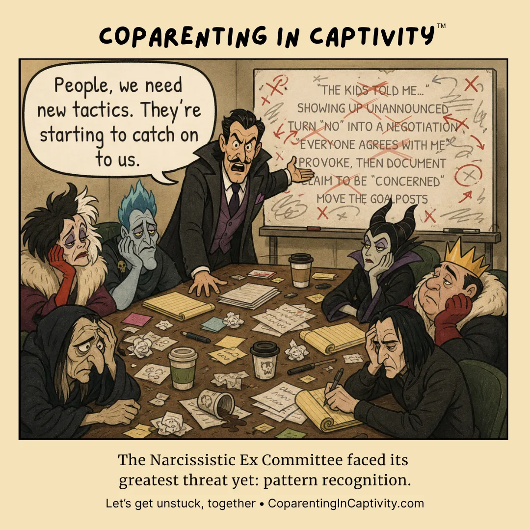 Coparenting in Captivity comic #69: A weary group sits in a tense strategy meeting while a leader warns they need new tactics because people are catching on to them.