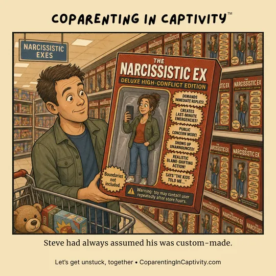 Coparenting in Captivity comic #70: A shopper examines a toy box labeled as a high-conflict ex parody product in a store aisle filled with similar boxes. (dad’s point of view)